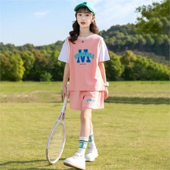 網紅女童短袖套裝2023洋氣中大兒童夏裝女孩時髦運動籃球服兩件套