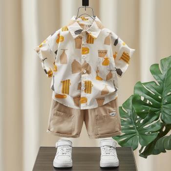 男童短袖套裝2023新款洋氣寶寶翻領上衣休閑兒童襯衫夏季兩件套潮