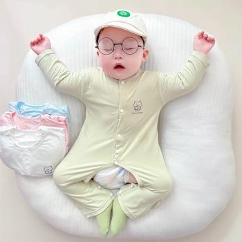 新生兒夏季薄款嬰兒無骨莫代爾空調房長袖開檔連體衣嬰兒衣服長爬