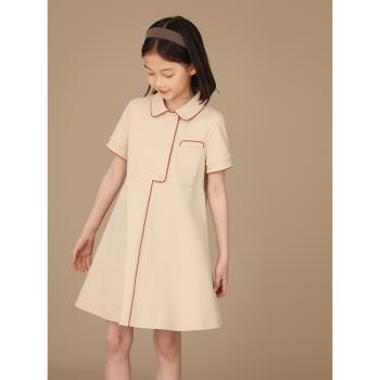 童裝2023夏季新品學院風不對稱門襟女童Polo領休閑短袖連衣裙