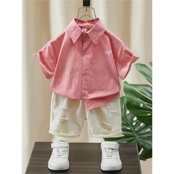 男童粉色襯衫套裝2023新款兒童夏季洋氣短袖衣服寶寶夏裝襯衣童裝