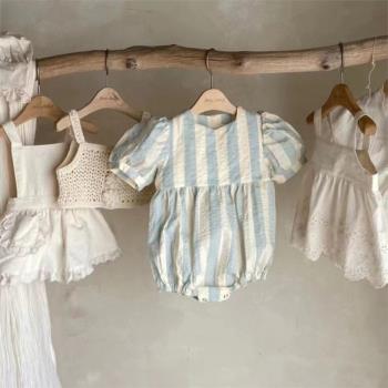 韓版ins款女嬰兒學院風連體衣寶寶夏裝條紋薄款圓領爬服+裙