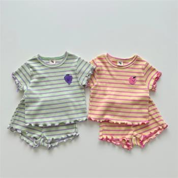 夏季嬰兒韓版短袖木耳邊條紋T恤短褲兩件套女寶寶可愛薄款套裝潮