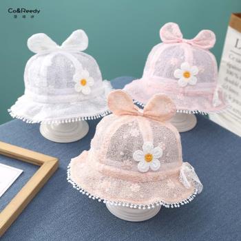 嬰兒帽子夏季薄款嬰幼兒防曬帽女寶寶公主遮陽蕾絲透氣花朵漁夫帽