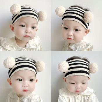棉兒童可愛毛球條紋發帶寶寶嬰兒大眼睛造型頭帶護囟門彈力頭飾