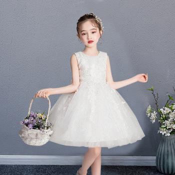 女童春秋款禮服裙白色紗裙鋼琴花童兒童婚紗表演服十歲生日公主裙