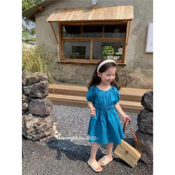 兒童夏季洋氣設計感收腰藍色裙子