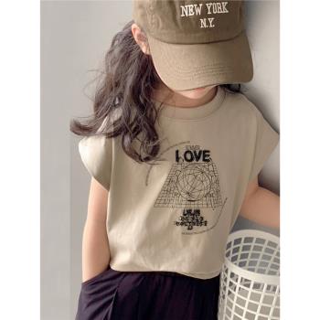 韓國童裝女童短袖T恤2023夏裝兒童寶寶夏季無袖薄款洋氣純棉上衣