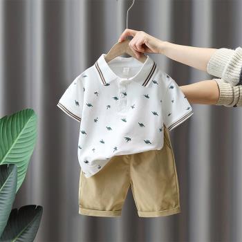兒童短袖套裝2023夏季新款男童恐龍polo衫時髦寶寶休閑夏裝兩件套