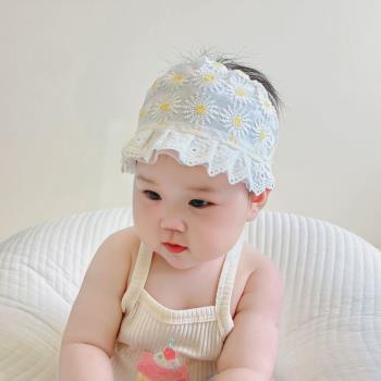 寶寶囟門帽子夏季小雛菊可愛大花邊蕾絲網紗刺繡嬰兒胎帽0-3個月