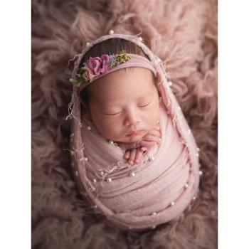 新生兒攝影裹布影樓寶寶照道具嬰兒棉麻珍珠裹紗月子滿月照裝飾毯