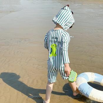 男童恐龍泳衣夏季兒童條紋長袖防曬速干連體泳裝海邊男孩寶寶游泳