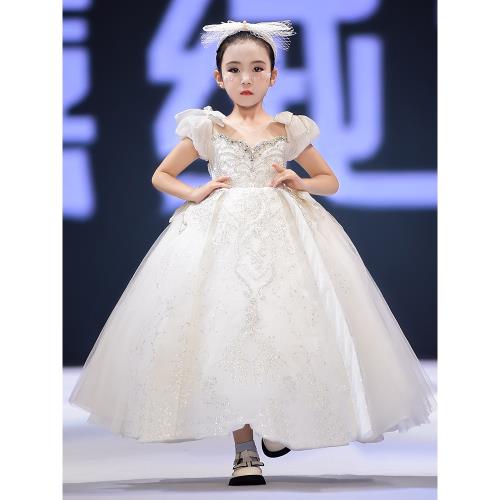 白色公主裙花童婚禮小女孩禮服高端兒童鋼琴演奏走秀生日蓬蓬裙