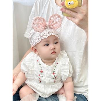 嬰兒帽子夏季薄款公主可愛小月齡女寶寶蕾絲發帶新生兒護囟門頭飾