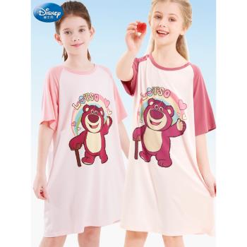 迪士尼女童睡裙夏短袖薄款兒童睡衣莫代爾女孩寶寶草莓熊親子大童