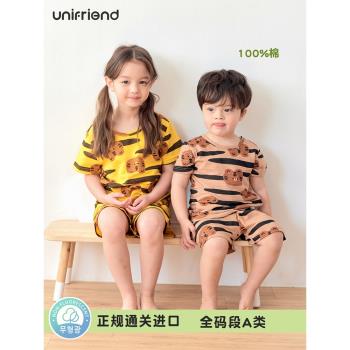 unifriend韓國兒童睡衣夏季套裝純棉男孩女孩家居服短袖可愛卡通