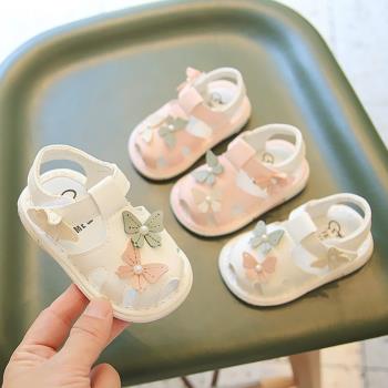 寶寶韓版護腳涼鞋2023夏季嬰兒女童鞋子0-2歲 女孩軟底叫叫學步鞋