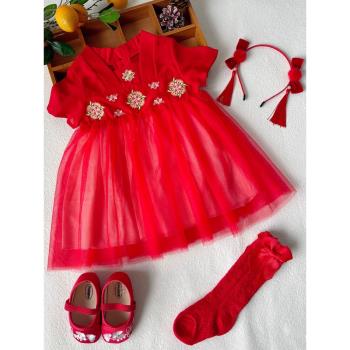 寶寶周歲女寶禮服夏季中式唐裝嬰兒女寶寶抓周紅色漢服連衣裙夏裝