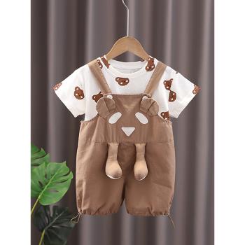 嬰兒衣服夏季帥氣卡通純棉短袖洋氣背帶褲套裝0一1周歲男寶寶夏裝