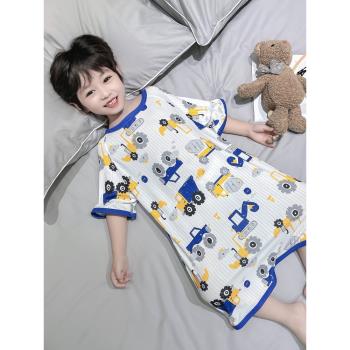冰感兒童睡衣連體夏季男童短袖睡袍寶寶薄款防踢被冰絲棉卡通睡裙