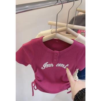 韓國童裝2023夏季新款短袖女童洋氣字母短袖T恤女孩韓系短款上衣
