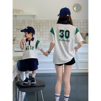 高端親子裝2023新款潮夏季韓版母子母女裝一家三口休閑字母POLO衫