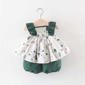 女寶寶夏季吊帶短褲兩件套裝2023新款韓版兒童純棉可愛連衣裙夏裝