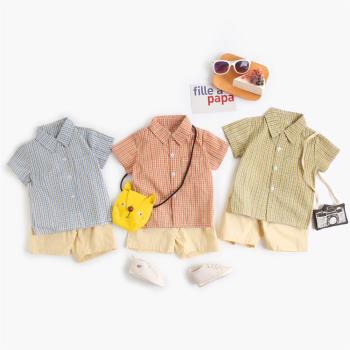 男童夏套裝格子寶寶衣服跨境嬰兒服裝韓版純棉短袖襯衣短褲兩件套
