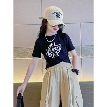 女童t恤短袖2023新款韓系女孩洋氣修身短款黑色體恤兒童氣質上衣