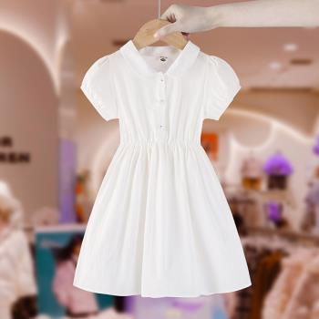 女童連衣裙夏裝兒童娃娃翻領襯裙2023新款女孩短袖公主裙白色裙子
