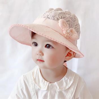 嬰兒帽子春夏薄款大檐遮陽防曬女寶寶蕾絲甜美公主可愛超萌漁夫帽