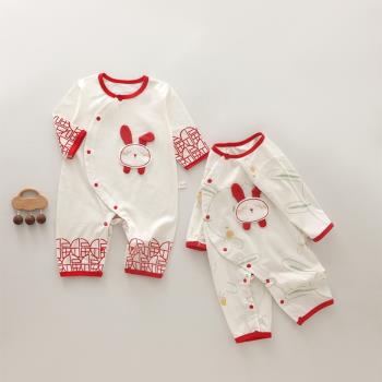 嬰兒連體衣夏季薄款新生寶寶純棉長袖空調服睡衣滿月哈衣百天紅色