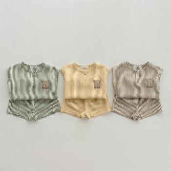 OOTTBE韓國童裝23夏男女小童寶寶薄棉條紋無袖T恤短褲套裝