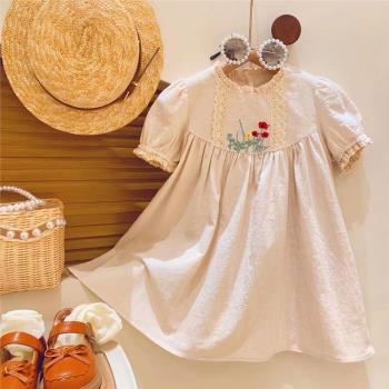 女童純棉復古花朵蕾絲包邊公主裙2023夏季新款寶寶洋氣短袖連衣裙