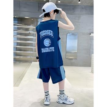 男童夏季籃球服套裝2024新款中大童無袖背心運動速干兩件套球衣薄