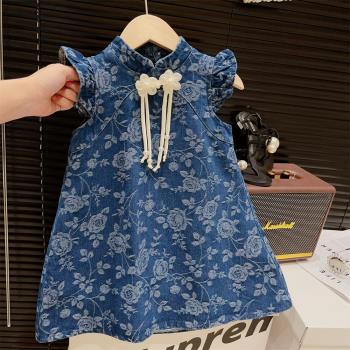 女童國風盤扣旗袍裙夏季新款寶寶復古飛袖連衣裙寶寶時髦花朵裙子