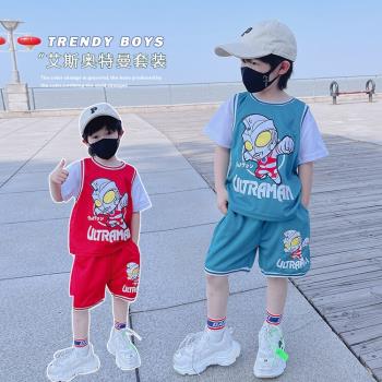 奧特曼衣服男童發光短袖套裝夏季2023新款寶寶薄款運動兒童兩件套