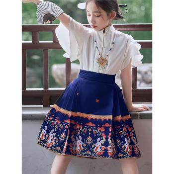 明制女童漢服馬面裙夏季中國風兒童2023新款夏款古裝短款藍色套裝