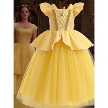兒童黃色童話公主禮服蓬蓬裙cosplay貝兒蕾絲網紗拼接女童亮片裙