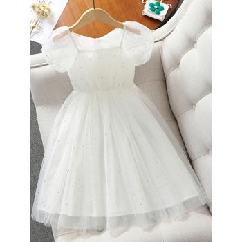 女童連衣裙新款夏裝兒童甜美亮片裙子小女孩公主網紗裙白色禮服裙