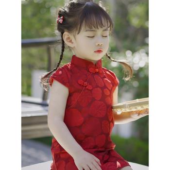 女童旗袍夏季改良版兒童漢服中國風紅色喜慶小女孩寶寶宴會禮服裙