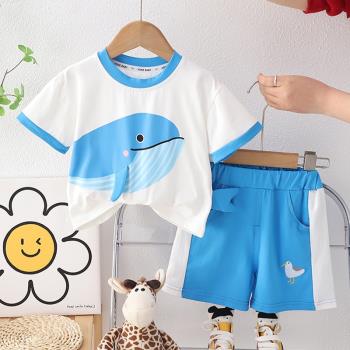 男女童夏季卡通鯨魚短袖套裝嬰幼兒寶寶海底動物t恤上衣兒童夏裝