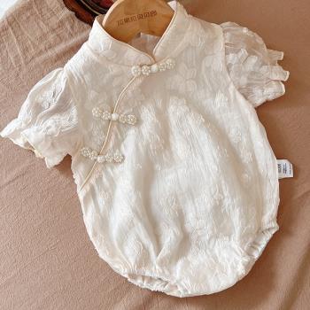 嬰兒旗袍短袖連體衣新生兒衣服夏裝女寶寶百天周歲禮服公主包屁衣