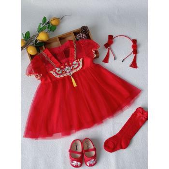 寶寶周歲禮服女寶寶夏季中式唐裝嬰兒女寶抓周漢服連衣裙紅色一歲