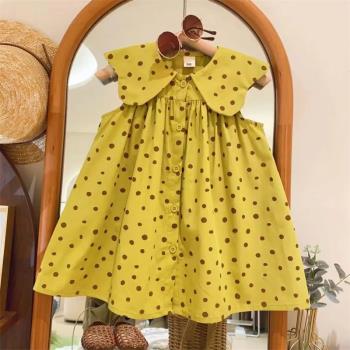 韓國女童夏裝復古波點連衣裙2023新款洋氣兒童娃娃領寶寶背心裙子