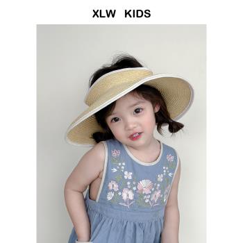 可折疊便攜大檐夏季兒童草帽防曬太陽帽戶外沙灘遮陽帽女童空頂帽