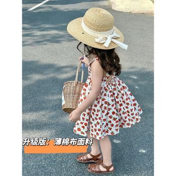 自制女童韓版連衣裙2023夏季新品小女孩露背碎花裙兒童洋氣公主裙