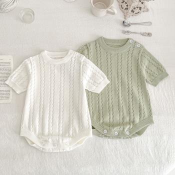 韓版嬰兒包屁衣夏季薄款寶寶針織棉線鏤空純棉連體衣女新生兒衣服