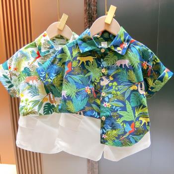 男童夏季短袖套裝洋氣2023新款兒童夏裝兩件套襯衫襯衣男孩潮沙灘