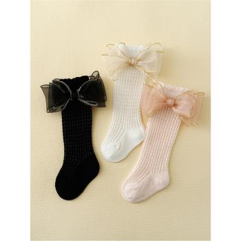 嬰兒襪子春夏薄款女寶寶蕾絲蝴蝶結公主襪夏季新生兒童網眼中筒襪